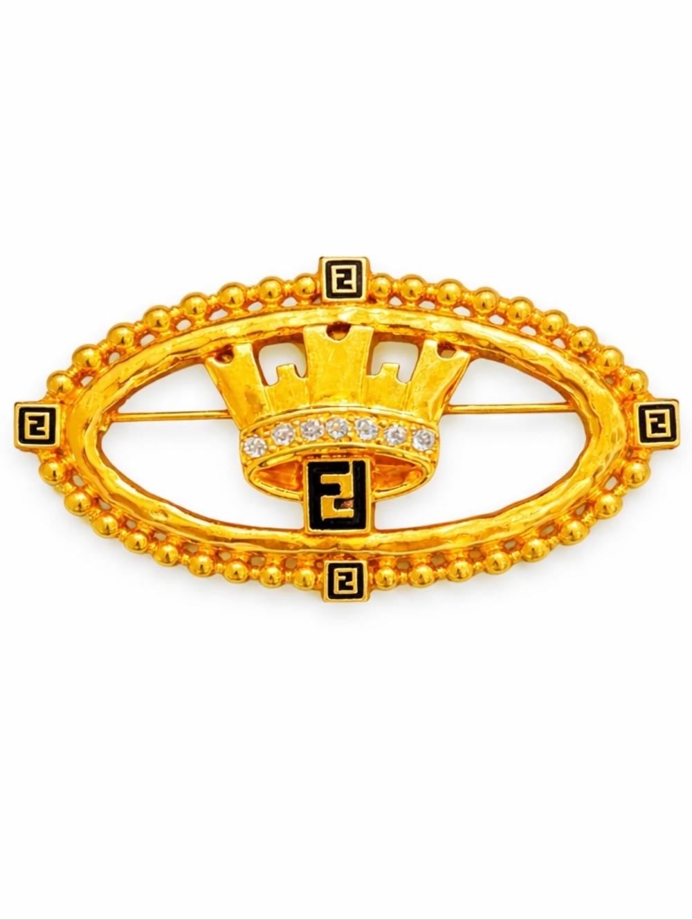 Vintage Fendi Gold Crown Brooch Crystal Logo Statement Designer Pin COA